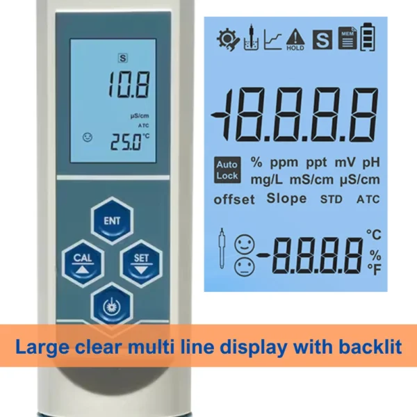 Backlit LCD screen with dual-line display shows conductivity, temperature