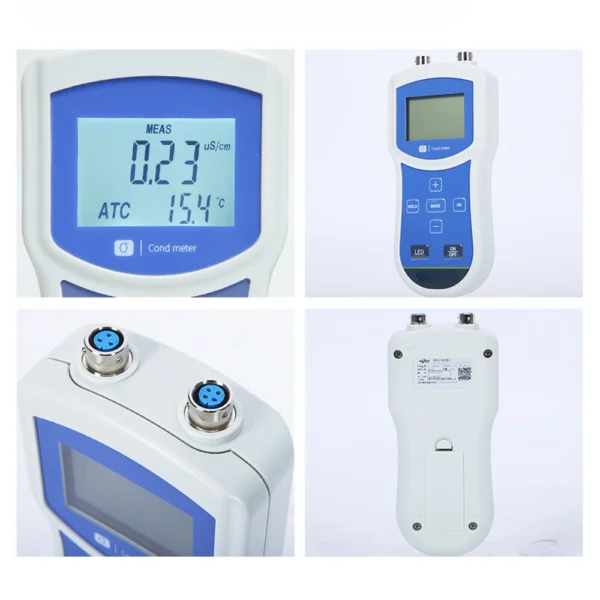various views of L111C04 portable conductivity meter showing sensor ports, back panel, and rugged housing