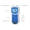 Portable conductivity meter interface showing LCD screen, function keys, and electrode ports