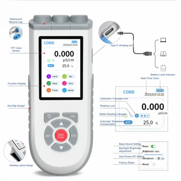 Portable EC meter with color TFT screen, lithium battery, and foldable stand for benchtop and field EC testing