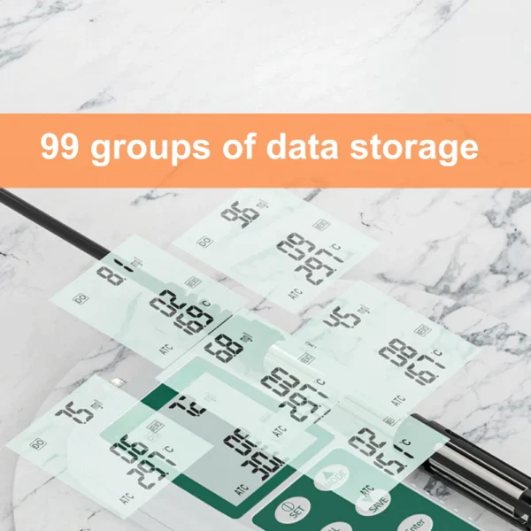 Backlit LCD showing historical dissolved oxygen and temperature readings with 99-group memory storage