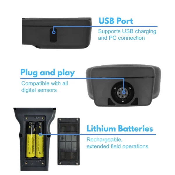 L111D04 DO meter with USB port, lithium battery compartment, and digital sensor connector