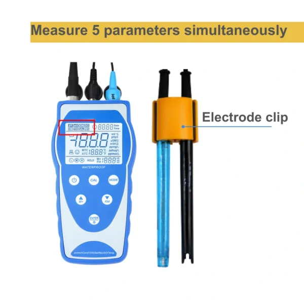 L111M04 portable pH EC meter measures pH, TDS, resistivity, salinity simultaneously with clear display
