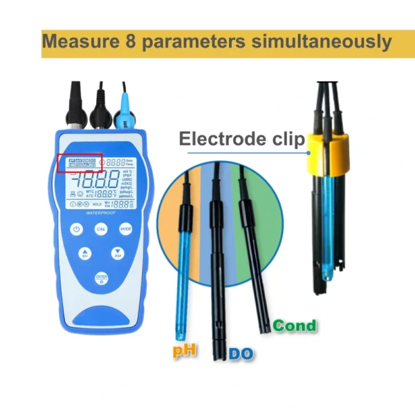 L111M06 portable multiparmeter water quality meter with electrode clip for simultaneous pH, DO, EC measurement