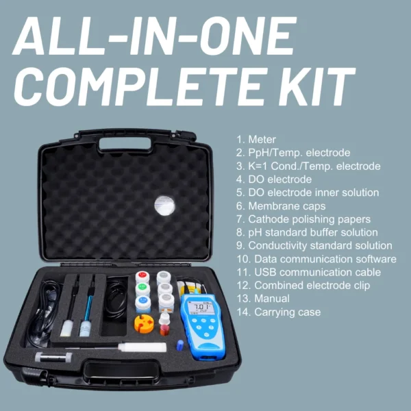 Complete kit of L111M06 portable pH DO conductivity meter with calibration solutions, sensors, cables, and carrying case