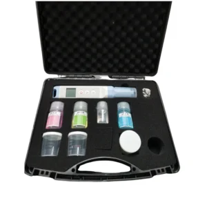 Portable digital pH meter kit with buffer solutions, and carrying case