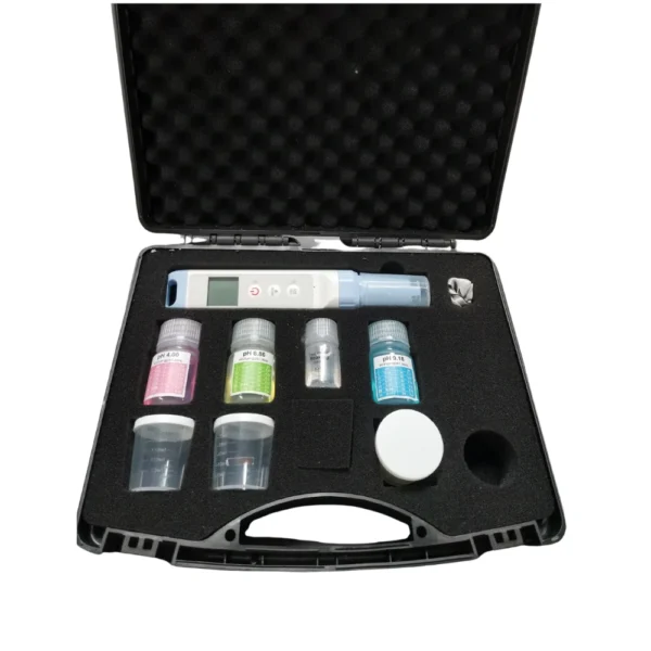 Bluetooth pH tester kit with calibration solutions, soaking vials and portable case