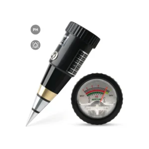 Soil pH and moisture meter with analog dial and metal probe for direct testing