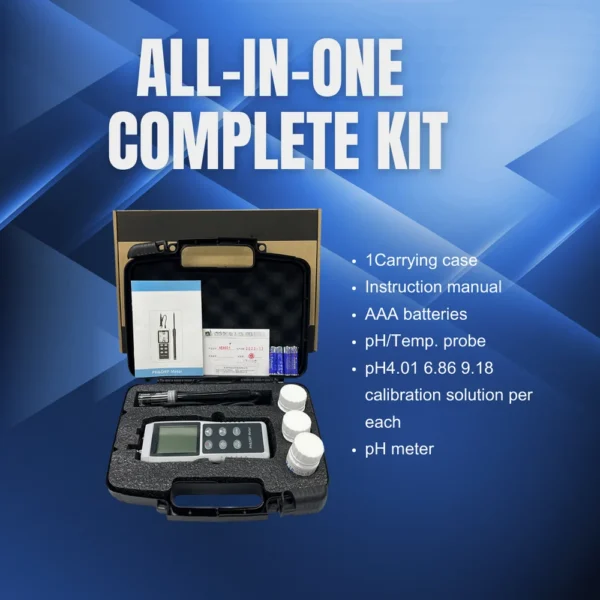 Complete portable pH test kit with calibration buffer, probe, batteries, and case
