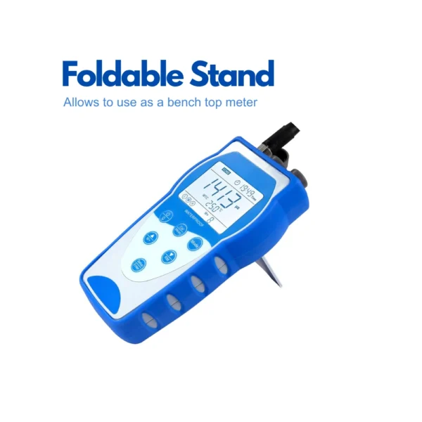Handheld pH meter with foldable stand for benchtop operation