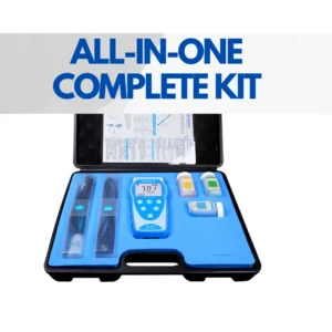 All-in-one pH test kit includes meter, probe, USB cable, and calibration buffers.