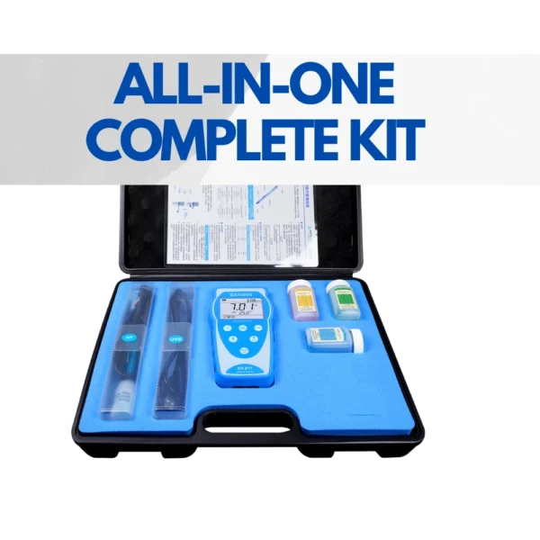 All-in-one pH test kit includes meter, probe, USB cable, and calibration buffers.