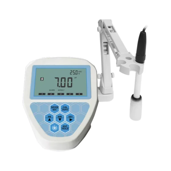 Benchtop pH meter with digital LCD display and electrode holder