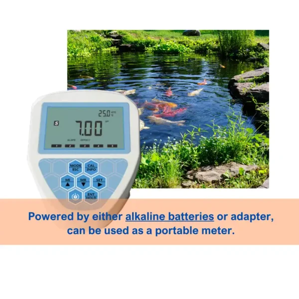pH meter powered by alkaline battery or adapter for portable and lab testing